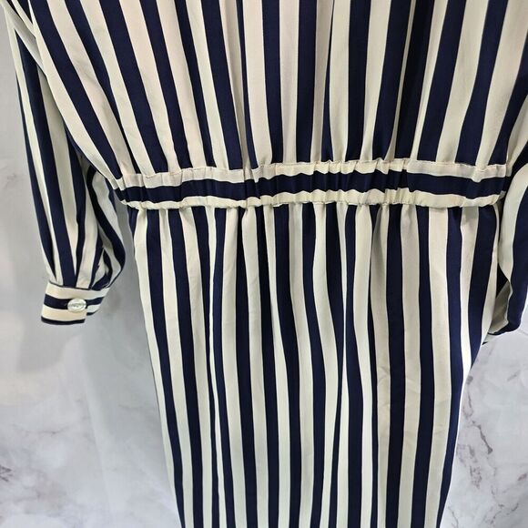 Vintage Silk Dress Womens Large 12 Navy Cream White Midi Maxi Striped Talbots - Picture 9 of 16